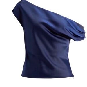 NWT WAYF Twist One-Shoulder Navy Satin Blouse from Nordstrom size Large